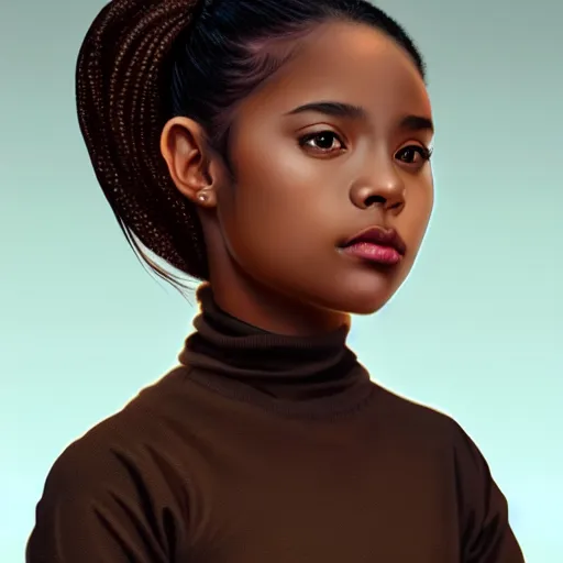 Prompt: a photorealistic hyperrealistic, bright brown eyes, light skinned african young girl, ponytail hair, flawless face, asian eyes, cute face, black turtle neck shirt, by wlop, artgerm, greg rutwoski, alphonse mucha, beautiful dynamic dramatic low - light moody lighting, cinematic atmosphere, artstation, concept design art, octane render, 8 k