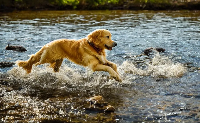 Prompt: photo of a golden retriever panning for gold in a river