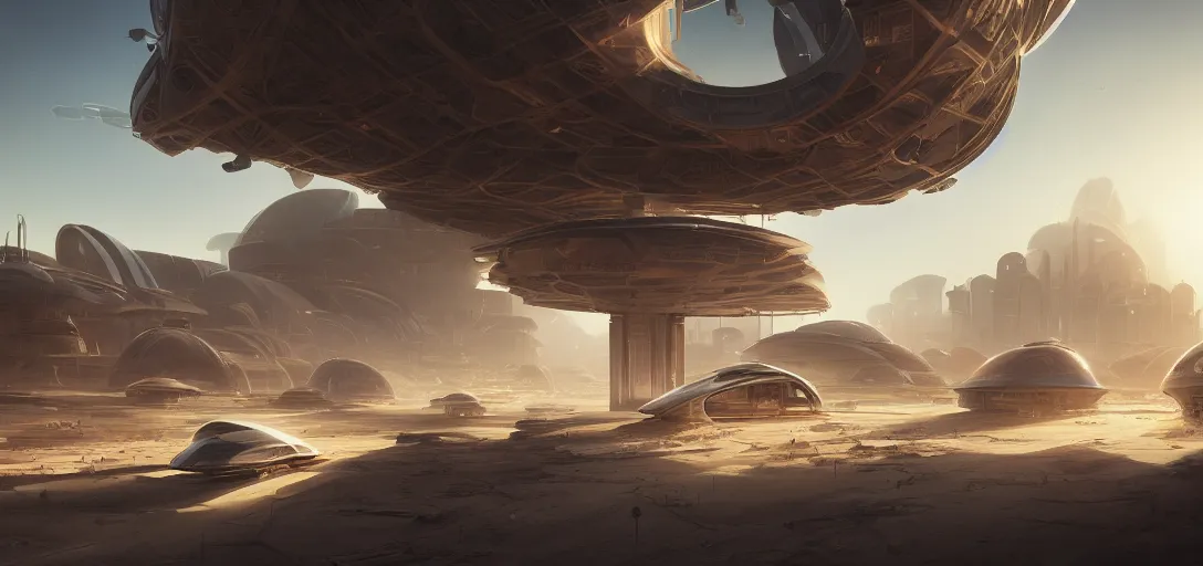 Prompt: view from the ground of an abandoned futuristic desert solarpunk city, light rays, symmetry, cinematic lighting, ultra detailed, sharp, ambient occlusion, bloom, raytracing, by greg rutowski, finnian macmanus and jessica rossier