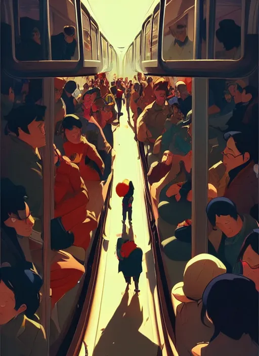 Prompt: a crowd of depressed people riding in a tram, in the style of artgerm, gerald brom, atey ghailan and mike mignola, vibrant colors and hard shadows and strong rim light, plain background, comic cover art, trending on artstation