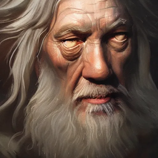 Image similar to a closeup portrait of gandalf, dramatic lighting, chiaroscuro, high detail, painted by greg rutkowski, painted by igor kieryluk, painted by bobby chiu, trending on artstation