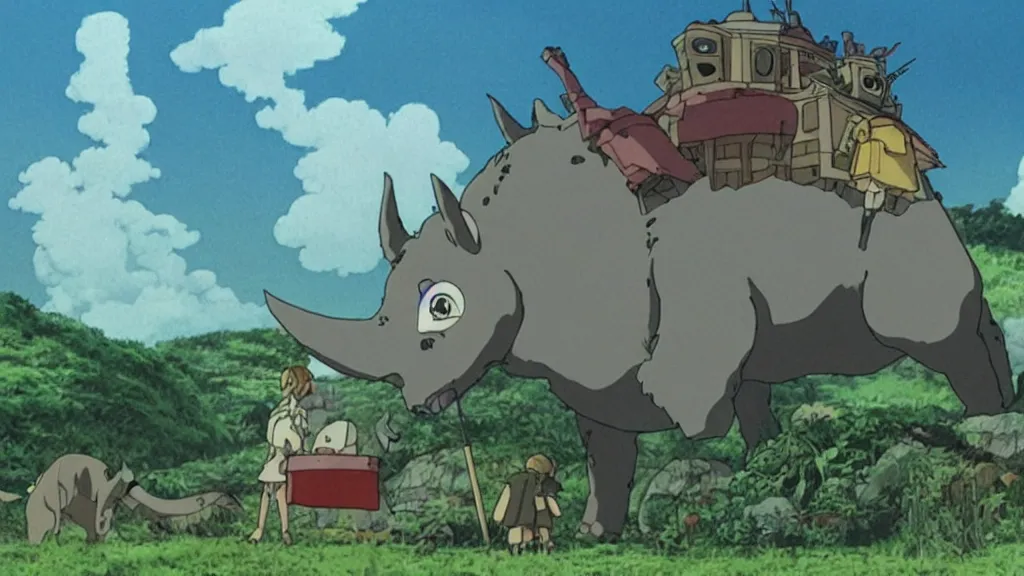 Image similar to a movie still from a studio ghibli film showing a lovecraftian rhinoceros from howl's moving castle ( 2 0 0 4 ). a pyramid is under construction in the background, in the rainforest on a misty and starry night. a ufo is in the sky. by studio ghibli