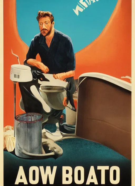 Image similar to a movie poster of a man and a toilet