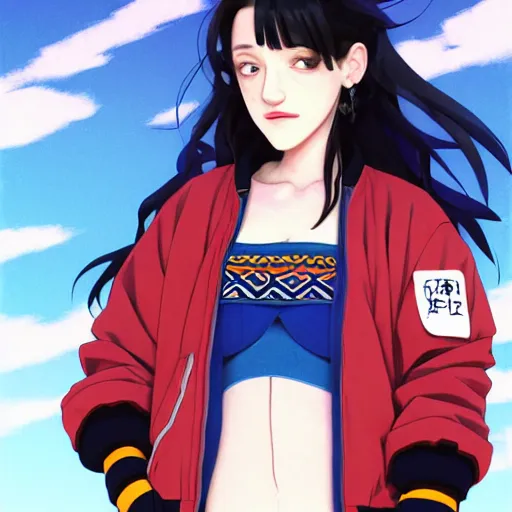 Image similar to a beautiful boyish kat dennings alluring gravure model, wearing oversized mayan bomber jacket and leotard with overalls, bulky poofy aztec native style bomber jacket with mayan patterns, gapmoe yandere grimdark, trending on pixiv fanbox, painted by greg rutkowski makoto shinkai takashi takeuchi studio ghibli, akihiko yoshida