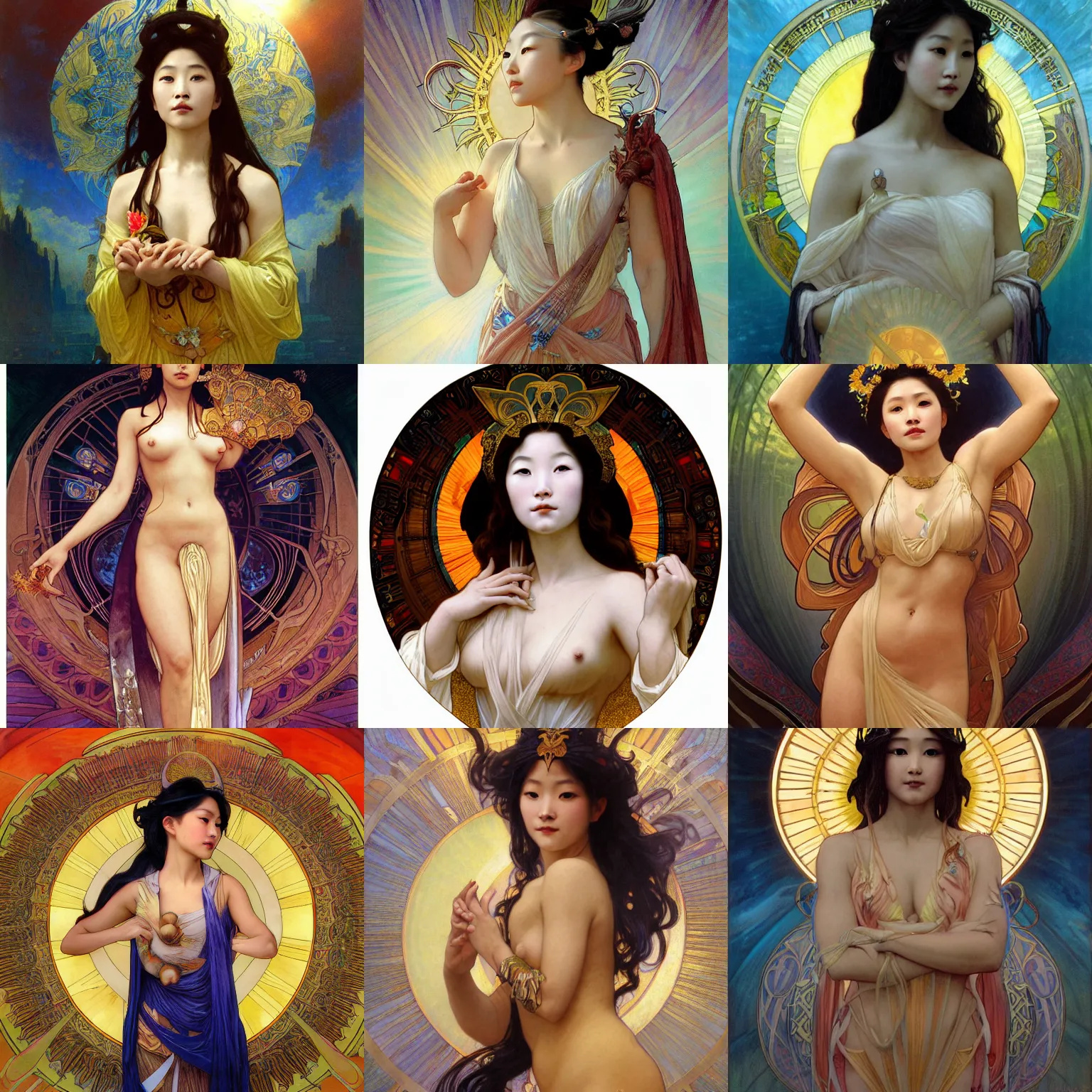 Prompt: stunning, breathtaking, awe-inspiring award-winning concept art nouveau painting of attractive Ashley Liao as the goddess of the sun, with anxious, piercing eyes, by Alphonse Mucha, Michael Whelan, William Adolphe Bouguereau, John Williams Waterhouse, and Donato Giancola, cyberpunk, extremely moody lighting, glowing light and shadow, atmospheric, cinematic, 8K