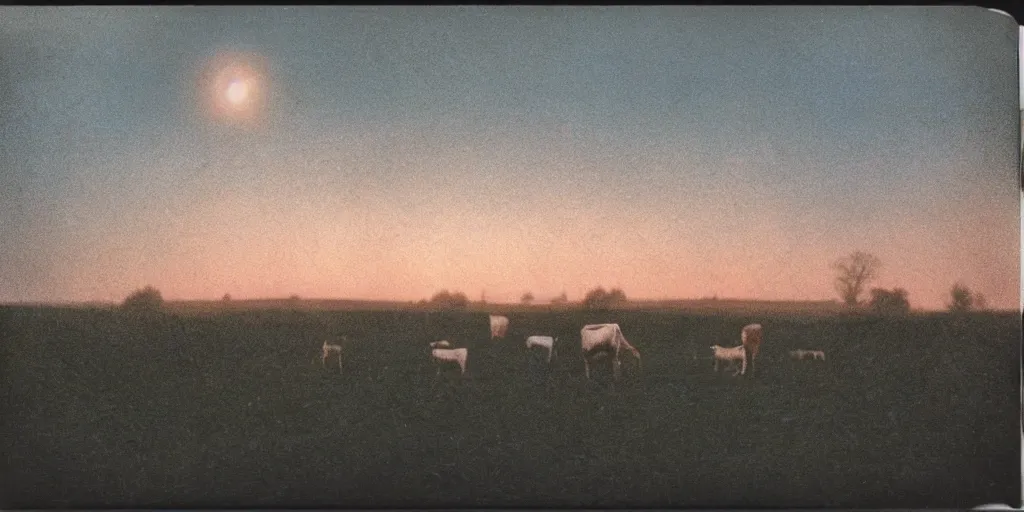 Prompt: detailed medium format photo, polaroid still from tarkovsky movie, a ufo beaming up a cow, at dusk near a small farmhouse, haze, high production value, intricate details, 8 k resolution, hyperrealistic, hdr, photorealistic, high definition, tehnicolor, award - winning photography, masterpiece, amazing colors