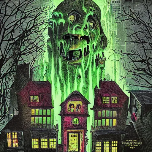 Image similar to goosebumps cover art of a haunted house house spilling with green ooze. highly detailed illustration. strong shadows. pulp horror art