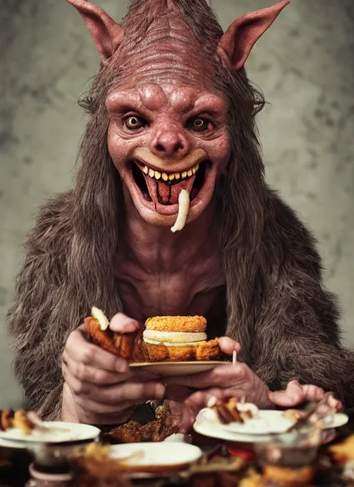 Image similar to closeup portrait of a medieval goblin eating cakes, depth of field, zeiss lens, detailed, symmetrical, centered, fashion photoshoot, by Annie Leibovitz and Steve McCurry, David Lazar, Jimmy Nelsson, Breathtaking, 8k resolution, extremely detailed, beautiful, establishing shot, artistic, hyperrealistic, beautiful face, octane render