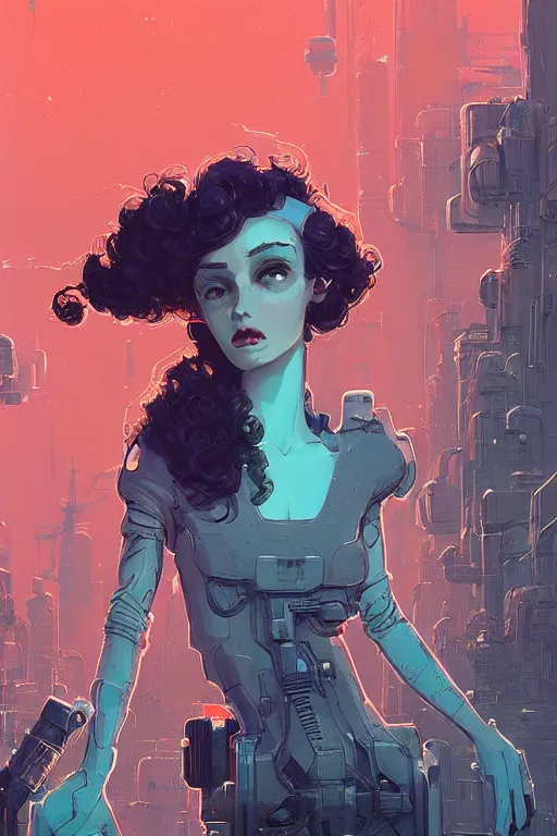 Image similar to a fancy portrait of sci - fi long curly blue haired lady, stray wiring by atey ghailan, james gilleard, by joe fenton, by greg rutkowski, by greg tocchini, by kaethe butcher, 4 k resolution, gradient red, orange, black and white color scheme!!! ( ( nebula dystopian city spiral background ) )