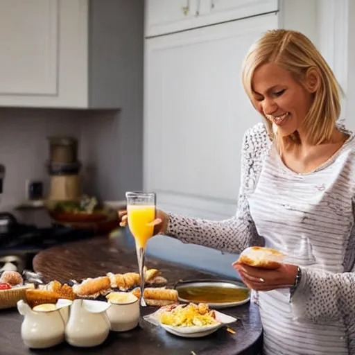 Prompt: Swedish blonde wife making breakfast to her husband,