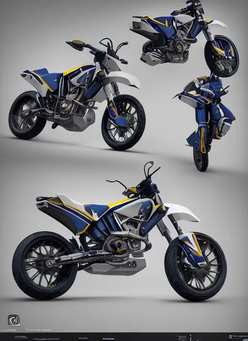 Image similar to Husqvarna motorcycle designs by kiska, octane render, trending on artstation, very coherent symmetrical artwork. cinematic, hyper realism, high detail, octane render, 8k, Dslr, canon 24mm, award winning masterpiece with incredible details, cinematic lighting, ray tracing, micro details, 8k