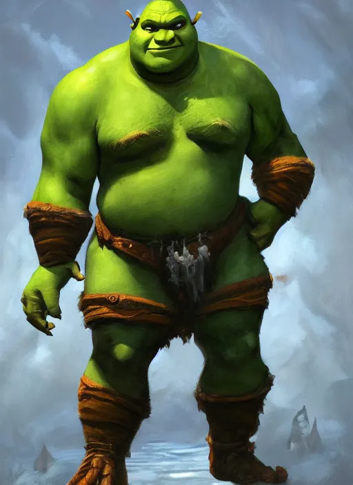 Image similar to dramatic oil painting of full body shrek as thrall from world of warcraft, artstation, shrek, epic, dramatic, shrek ogre,