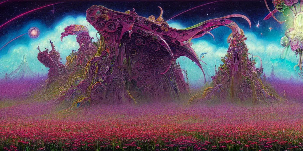 Prompt: a beautiful painting of a large alien shrine shrouded by mystic nebula magic in a field of flowers by moebius and android jones, oil on canvas sharp, details, hyper - detailed, hd, hdr, 4 k, 8 k