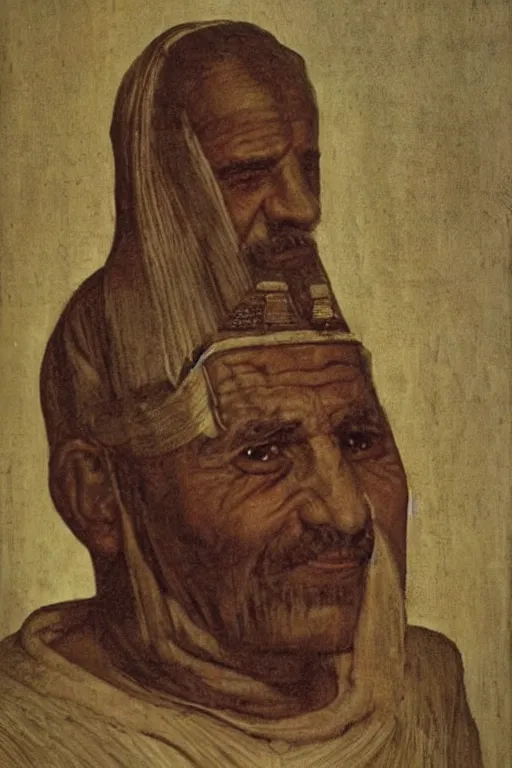 Image similar to a closer personal portrait of a a very old egyptian temple priest with very piercing eyes, very charismatic. in ancient egypt. masterpiece, ciaroscuro. painted by carl larsson