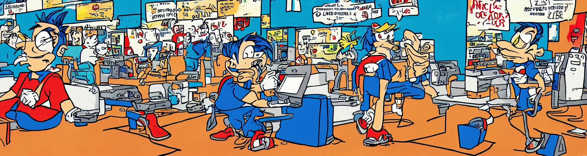 Image similar to Tim Dillon working at Sonic because he lost all of his money leverage trading bitcoin, mike judge art style, 90s mtv illustration