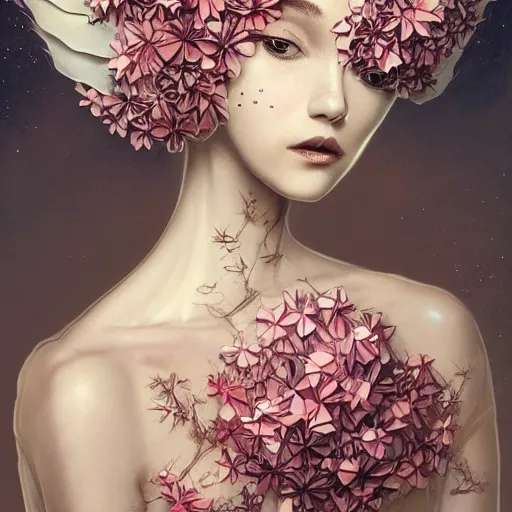 Prompt: 3 / 4 view of a beautiful girl wearing an origami dress, eye - level medium shot, fine floral ornaments in cloth and hair, hummingbirds, elegant, by esao andrews, by eiko ishioka, givenchy, by peter mohrbacher, centered, high depth of field, origami, fashion, detailed illustration, voque, japanese, reallusion character creator