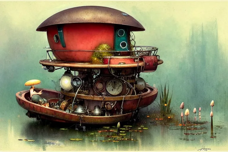 Image similar to adventurer ( ( ( ( ( 1 9 5 0 s retro future robot mouse house boat home. muted colors. swamp mushrooms. water lilies ) ) ) ) ) by jean baptiste monge!!!!!!!!!!!!!!!!!!!!!!!!! chrome red