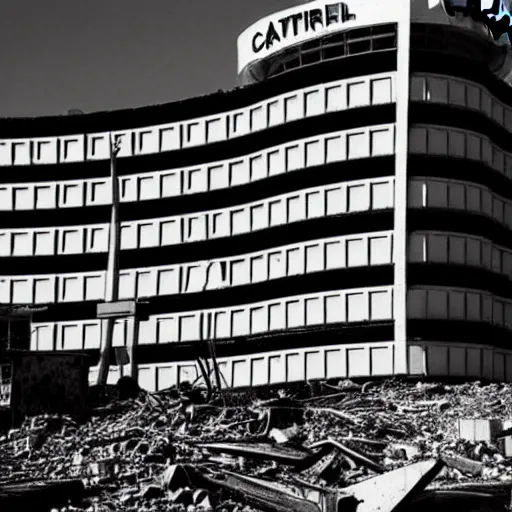 Image similar to Capitol records building in Los Angeles in ruins, apocalypse, black and white, highly detailed, red, hyperrealistic, artstation, future