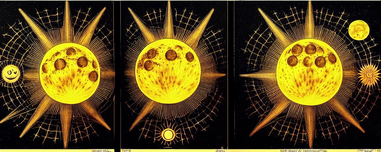 Prompt: the sun radiates a unique canto'as above so below'to the moon, while being ignited by the spirit of haeckel and robert fludd, breakthrough is iminent, glory be to the magic within, in honor of saturn, painted by ronny khalil