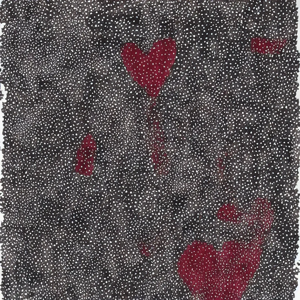 Image similar to camo made of hearts, smiling, abstract, rei kawakubo artwork, cryptic, dots, stipple, lines, splotch, color tearing, pitch bending, color splotches, dark, ominous, eerie, minimal, points, technical, old painting