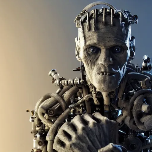 Prompt: a frankenstein monster made out of mechanical parts, 8 k, shallow depth of field, 8 k, ultra high detail, concept art,