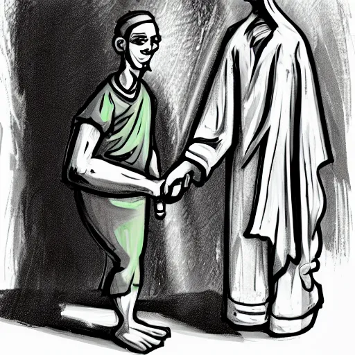 Prompt: A lizard person shaking hands with a religious icon, concept art