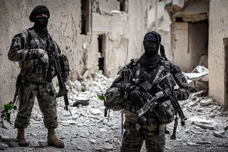 Prompt: Mercenary Special Forces soldiers in grey uniforms with black armored vest and black helmets in urban warfare in Syria 2022, Canon EOS R3, f/1.4, ISO 200, 1/160s, 8K, RAW, unedited, symmetrical balance, in-frame, combat photography