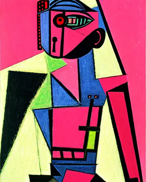 Prompt: detailed geometric pink and red cubism painting of a terrified cyberpunk robot by picasso