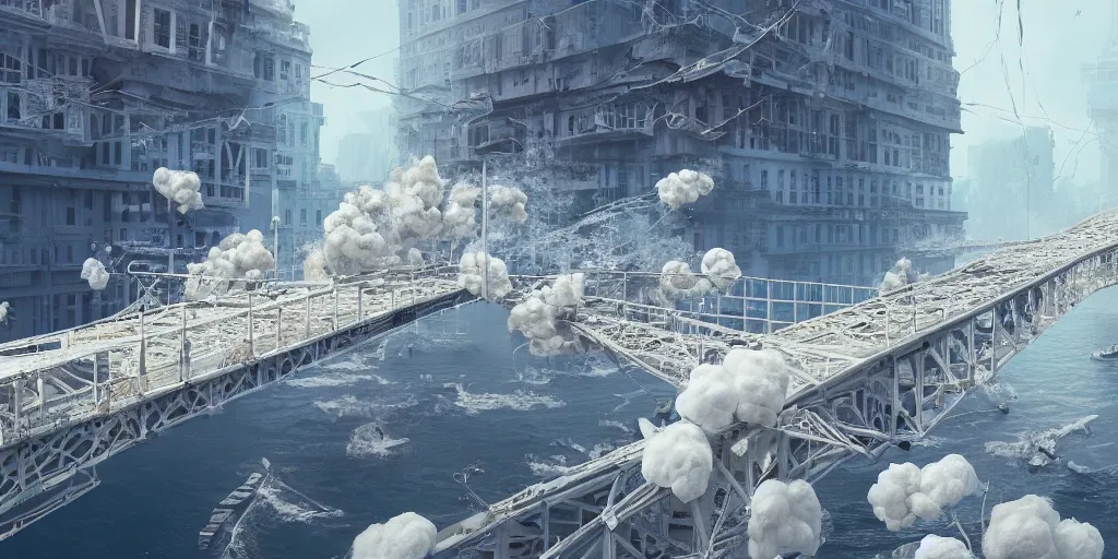 Image similar to explosions in the form of realistic white cotton plants on harbour bridge, huge white cotton everywhere on the destroyed harbour bridge, smooth, sharp focus, highly detailed, 3 d octane render, epic lighting, lots of white cotton, 8 k, by by petros afshar, tom whalen, laurie greasley