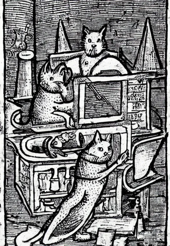 Image similar to [Devilish medieval illustration of a cat watching youtube on a computer]