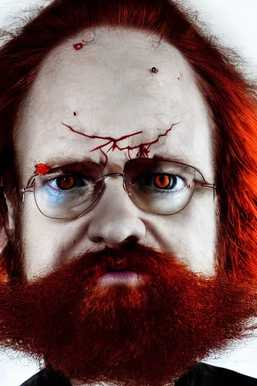 Image similar to man with a third eye in his forehead, a mad scientist with a third eye and wild red hair and beard slightly balding, high resolution film still, 4 k, hdr color