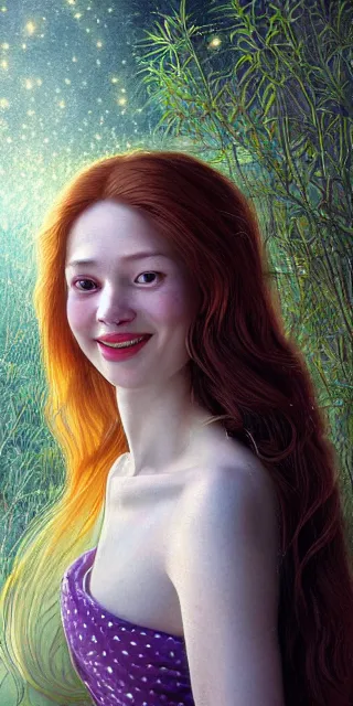Image similar to young woman, serene smile surrounded by golden firefly lights, amidst nature fully covered by a intricate detailed dress, long loose red hair, precise linework, accurate green eyes, small nose with freckles, smooth oval shape face, empathic, expressive emotions, spiritual scene, hyper realistic ultrafine art by artemisia gentileschi, jessica rossier, boris vallejo