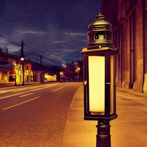 Image similar to lonely old lantern on empty modern street at night, photorealistic