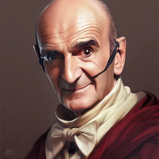 Prompt: smirking male bard, Louis de Funès, portrait, headshot, D&D, fantasy, highly detailed, digital painting, artstation, concept art, sharp focus, illustration, art by artgerm and greg rutkowski and alphonse mucha