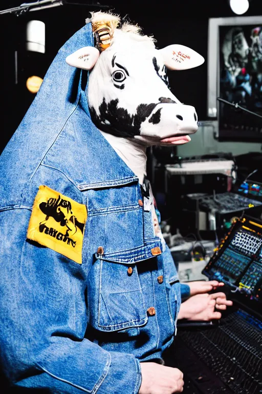 Prompt: Photo of hip hop cow in a denim jacket recording a hit single in the studio