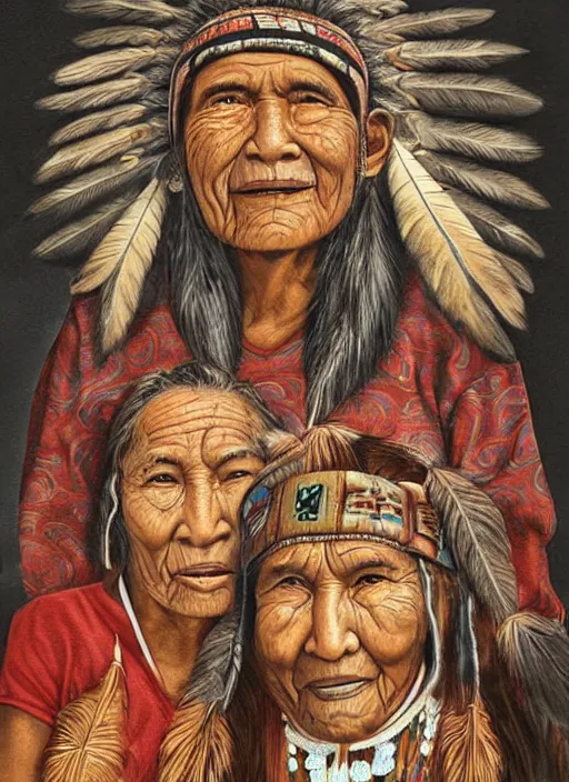 Image similar to portrait of an indigenous amazonian grandfather and grandmother in the clouds, smiling, protection, benevolence, ancestors, detailed faces, art by artgem