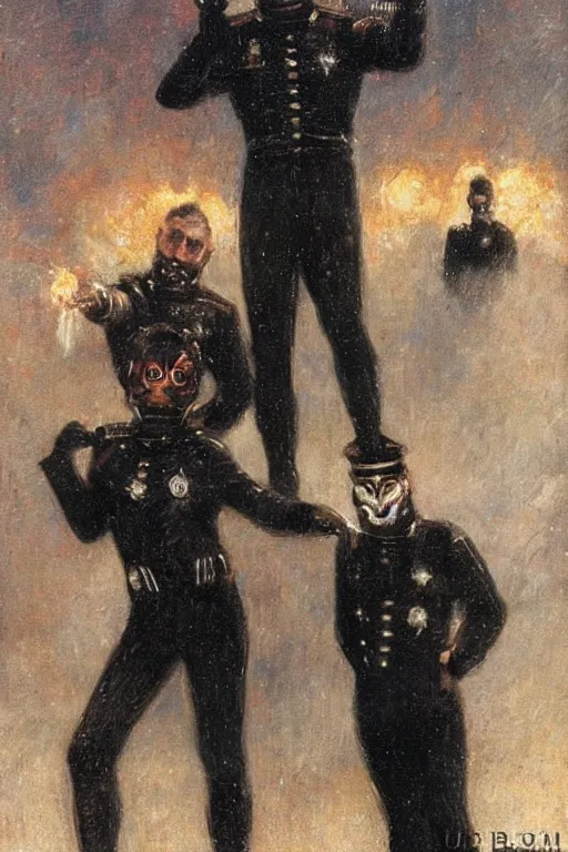 Image similar to evil star fleet officers dressed in all black. art by gaston bussiere.