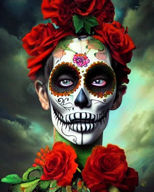 Image similar to dia de los muertos theme surrealist art in the styles of igor morski, jim warren, and osborne macharia, intricate, hyperrealistic, accurate facial details, profile picture with chromakey!!!!! background, volumetric lighting