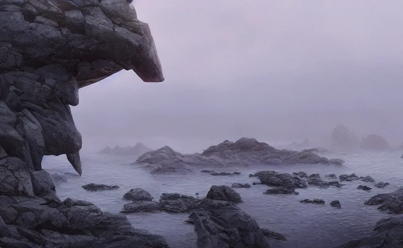 Prompt: no fear, no hesitation, no surprise, no doubt, directed by charlie kaufman ( 2 0 0 1 ) anamorphic lenses, a rocky shore in the foreground, foggy volumetric light morning, a beam of light from the heavens, cinematic trending on artstation in the style of greg rutkowski