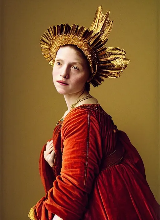 Image similar to portrait of young woman in renaissance dress and renaissance headdress, art by annie leibovitz