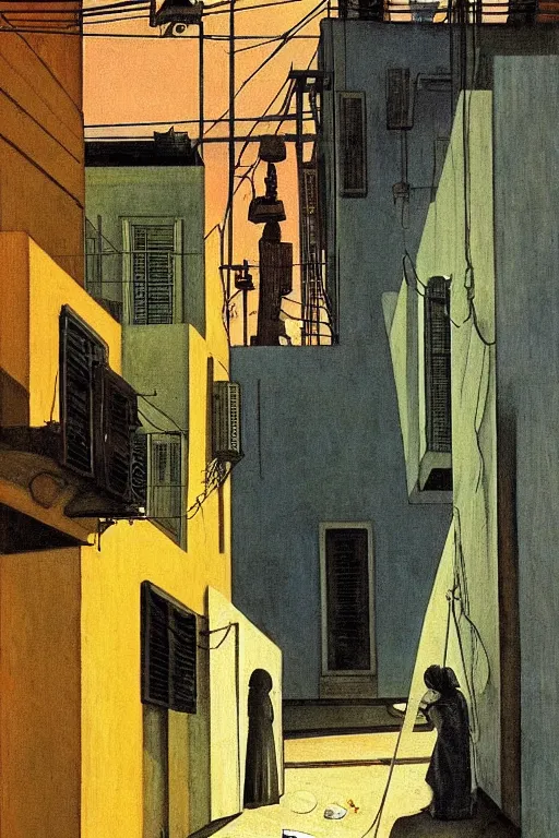 Image similar to eerie tel aviv street mystery at dusk, laundry hanging to dry, solar water heaters and antennas on the roofs, colorful film noir scene. by moebius, giorgio de chirico, edward hopper