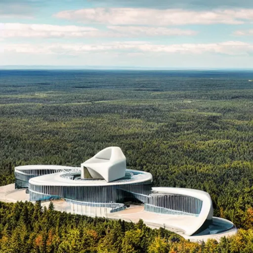 Prompt: a sci - fi building in a stunning landscape with a city in the distance by alvar aalto