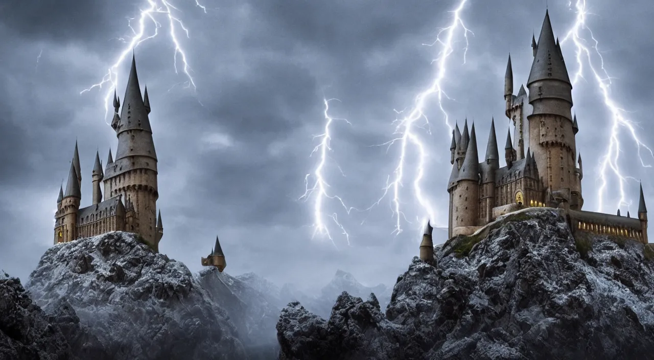 Image similar to pc background, 4 k, hogwarts castle and lightning strikes in bad weather