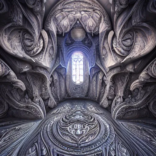 Image similar to a beautiful 3 d painting of a huge sprawling fractal cathedral interior populated by mandelbrot fractals by android jones, unreal engine, carved stone, carved soap, white color scheme, volumetric lighting, octane render, dramatic lighting, glowing, carved marble, opalescent, sacred geometry, religious, angelic, catholicpunk, stark, 8 k, ultra detailed