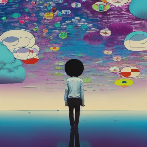 Image similar to a man walking on clouds away from the camera above a lake by takashi murakami, beeple and james jean, aya takano color style, 4 k, super detailed, modern, 4 k, symmetrical