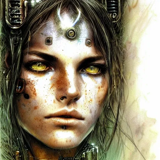 Image similar to an award finning closeup facial portrait by luis royo and john howe of a very beautiful and attractive female bohemian cyberpunk traveller aged 1 5 with green eyes and freckles in clothed in excessively fashionable cyberpunk gear and wearing ornate warpaint