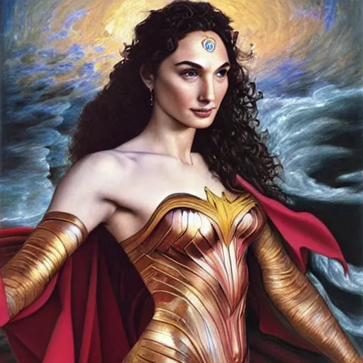 Prompt: Full body oil painting of the beautiful goddess Gal Gadot, she is wearing a strophion and a surreal ornate, her hair is natural disheveled, she is approaching heaven over the clouds, naturalism, dramatic lighting, high-detailed oil painting by Ilya Repin, Michelangelo da Caravaggio, William Blake, Alex Grey and Beksinski, trending on Artsation, hystorical painting, naturalism, masterpiece, 4k, 8k,