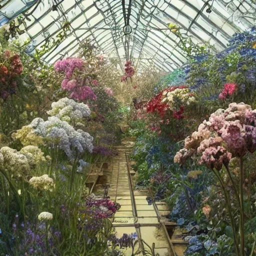 Prompt: a beautifull intricate watercolour painting of a greenhouse with many flowers, reflexions, verry high details by william turner art, greg rutkowski and alphonse mucha, trending on artstation, very very detailed, masterpiece, - h 7 0 4