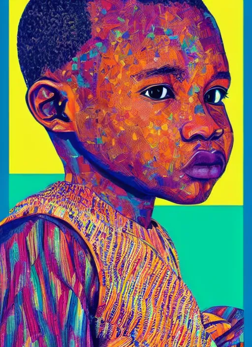 Prompt: colourful upper half portrait of an african boy - art by aya takano, magazine collage, highly detailed, digital painting, illustration, smooth, sharp focus, intricate, clustered, busy, pinterest, behance,