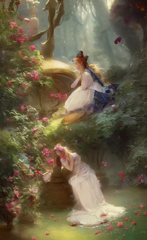 Image similar to Alice in the wonderland by Raphael Lacoste and Pierre Auguste Cot and Delphin Enjolras and Daniel F. Gerhartz